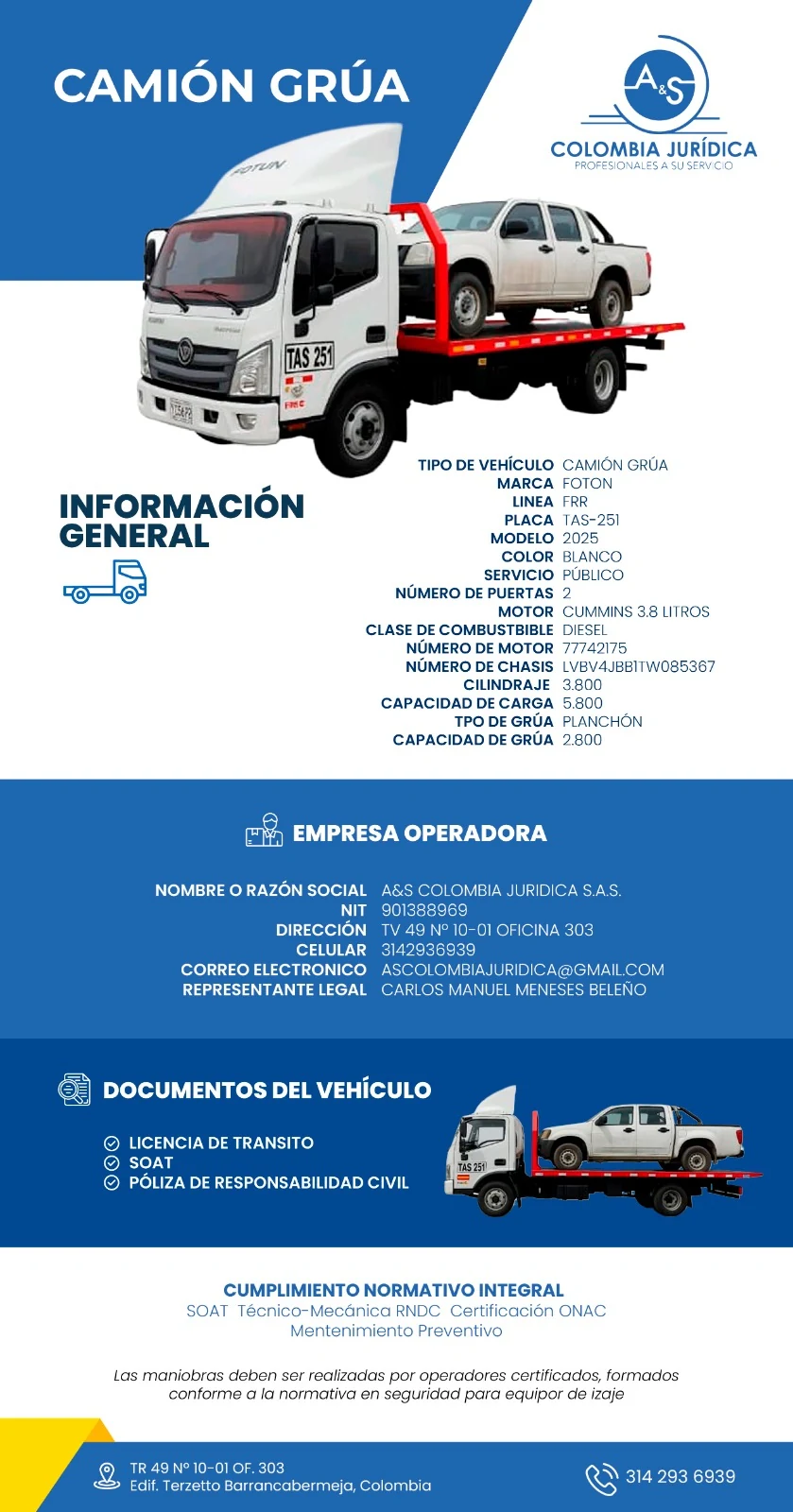 Ficha técnica de camión grúa TAS-251 de A&S Colombia Jurídica