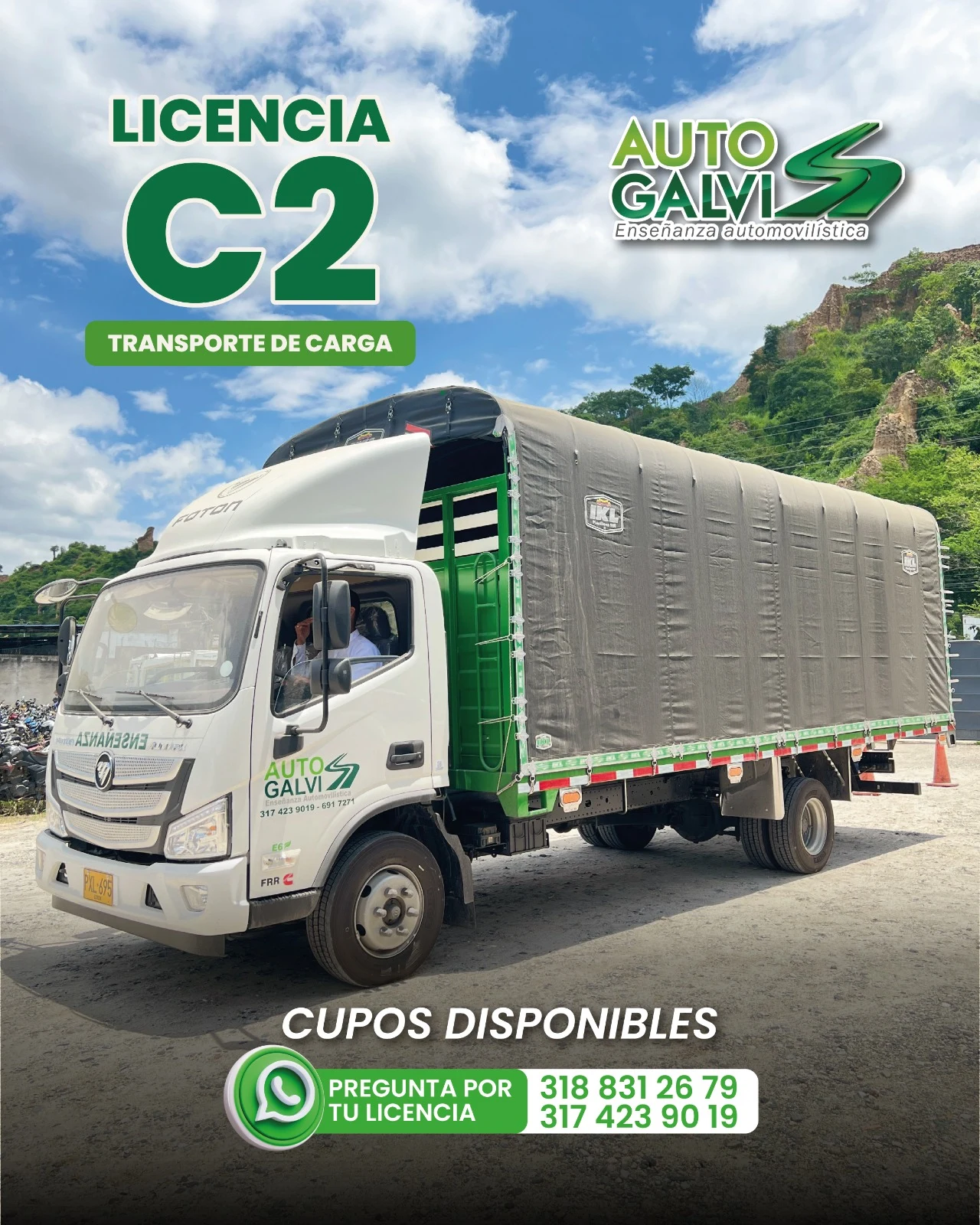 Pieza promocional de Auto Galvis para licencia C2 transporte de carga
