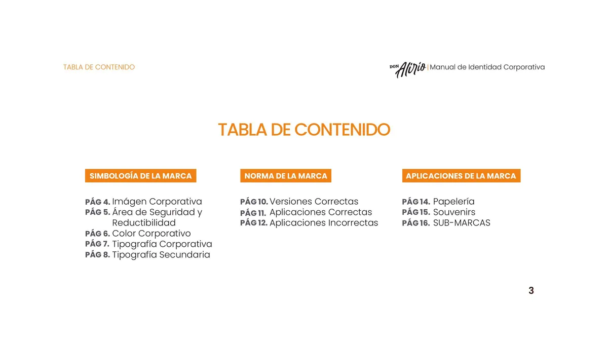 Página 3 del manual de identidad corporativa Don Alirio