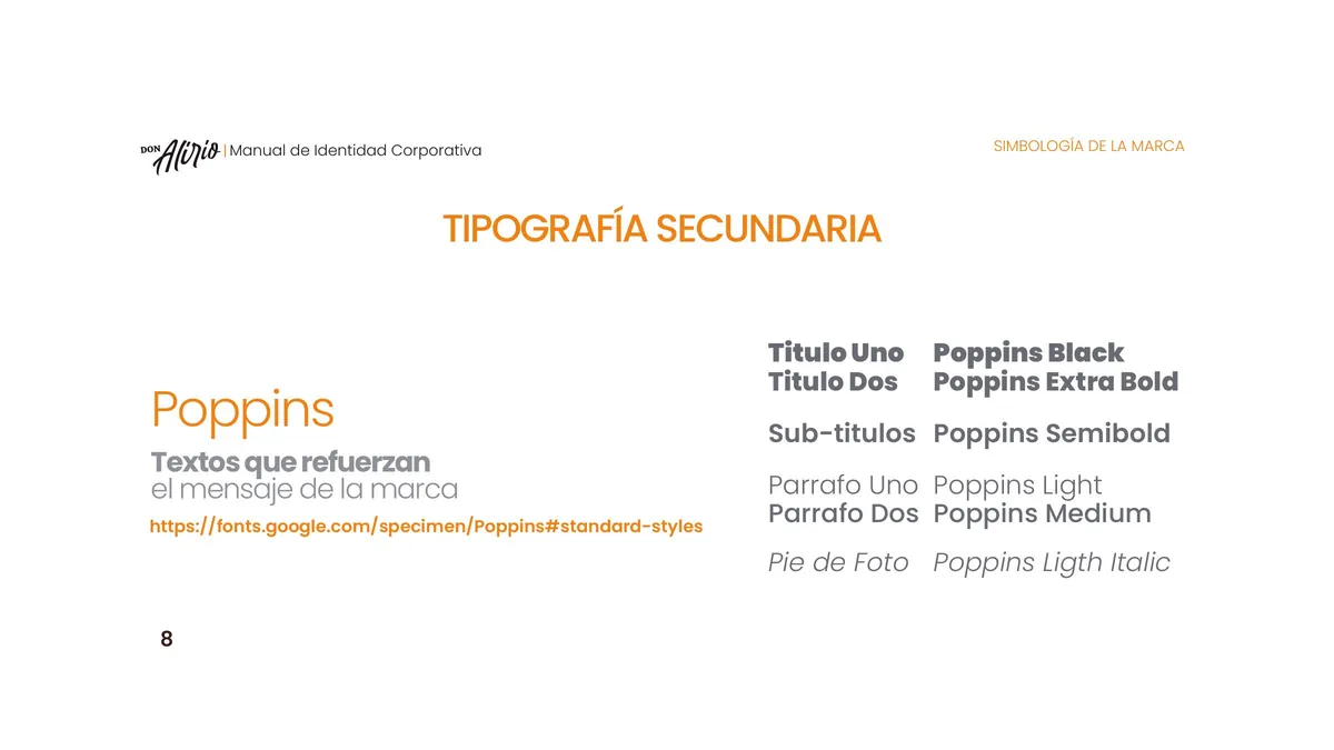 Página 8 del manual de identidad corporativa Don Alirio