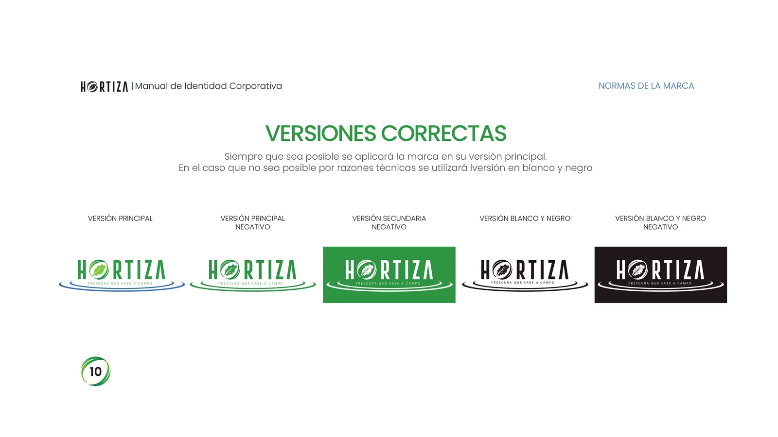 Página 10 del manual de identidad corporativa Hortiza