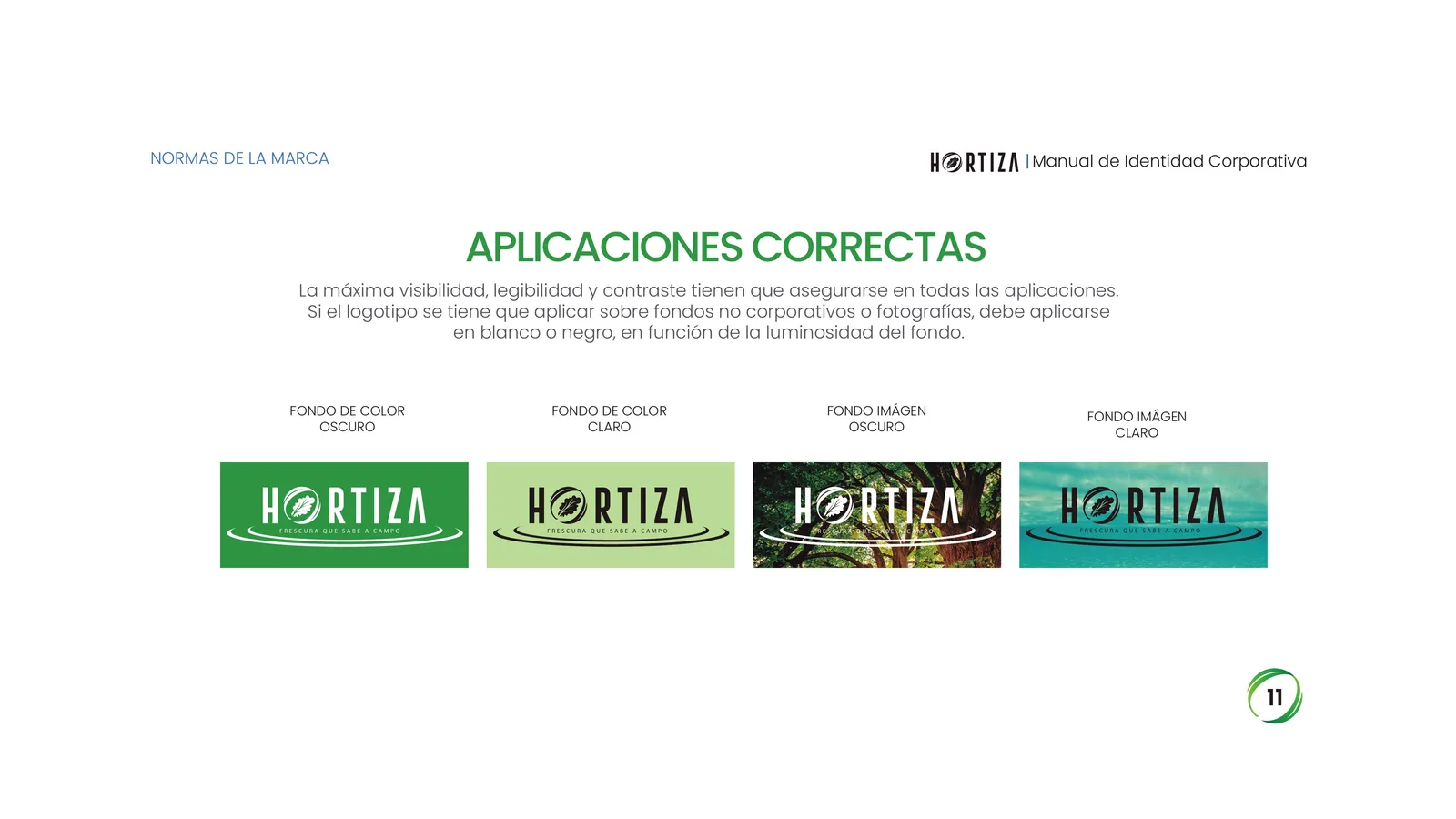 Página 11 del manual de identidad corporativa Hortiza