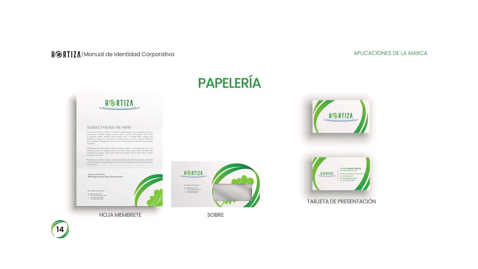 Página 14 del manual de identidad corporativa Hortiza