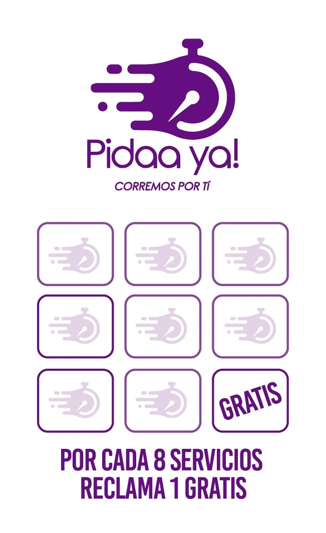 Tarjeta de fidelización Pidaa Ya por cada 8 servicios reclama 1 gratis