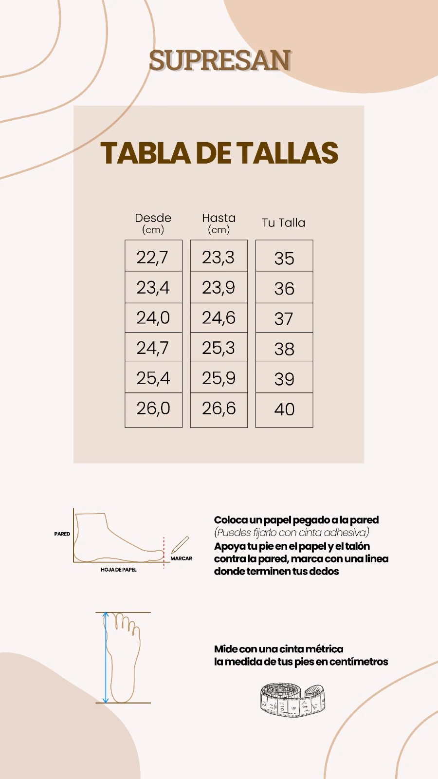 Tabla de tallas Supresan
