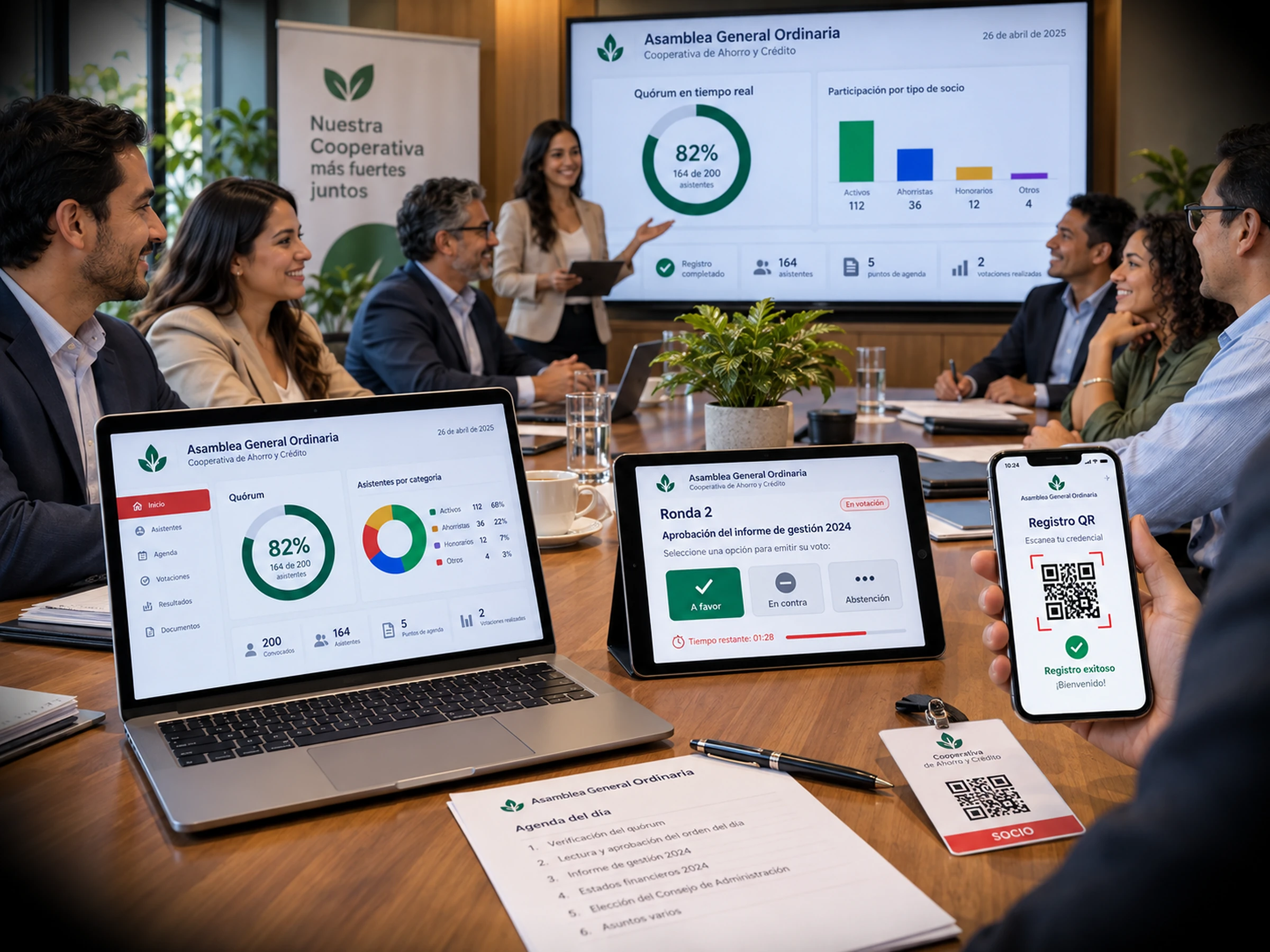 Mockup realista de CREA Asambleas con panel de asamblea, quórum, votación y resultados