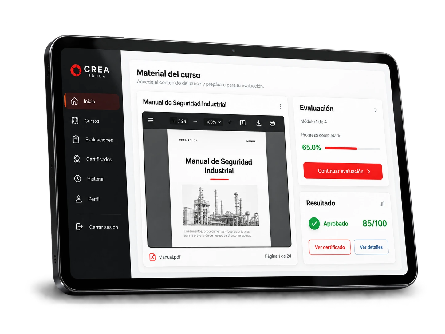 Vista realista de una tablet con material del curso, evaluación y resultado automático