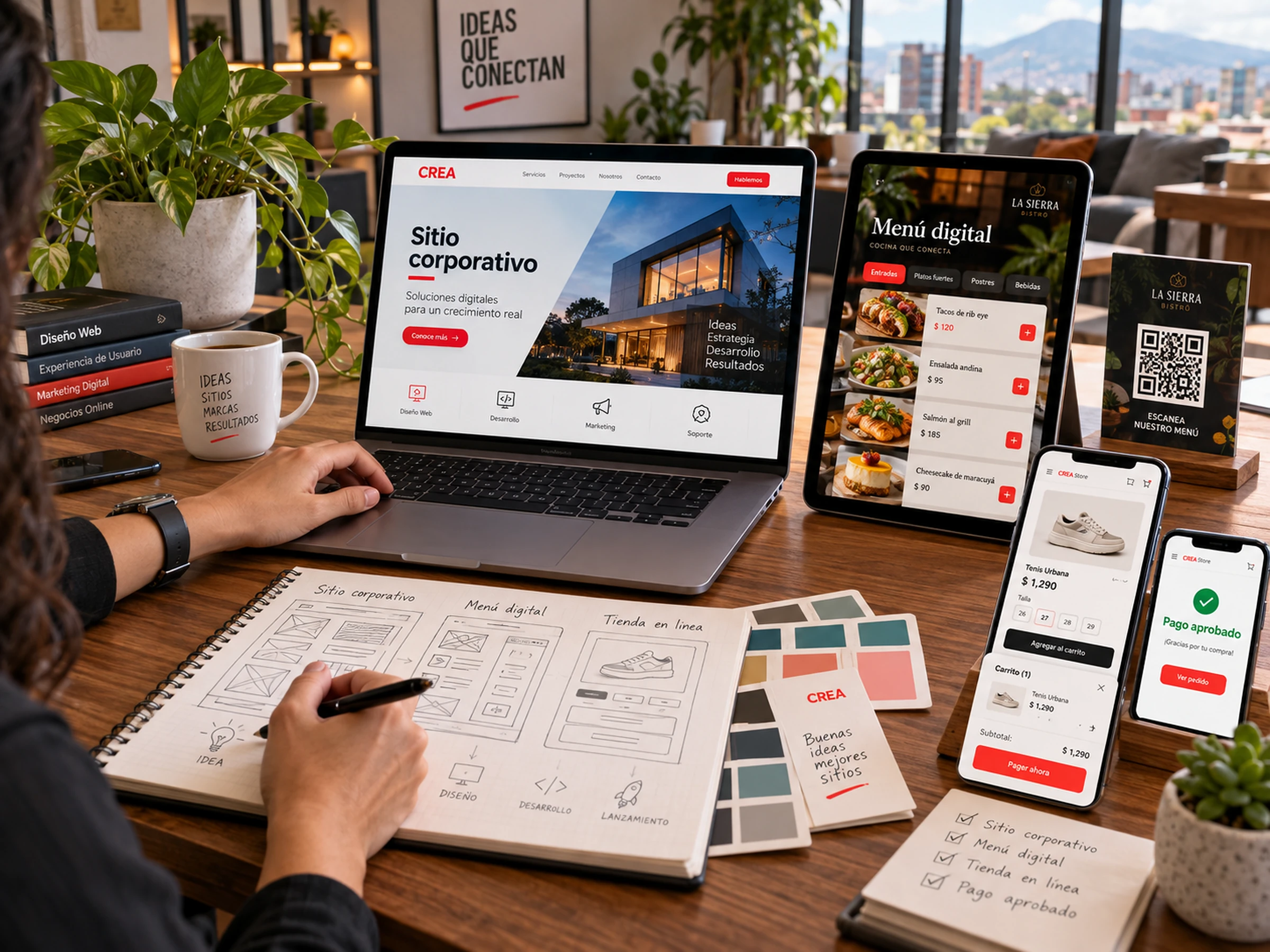 Diseño web realista CREA Studio con dispositivos, SEO y rendimiento