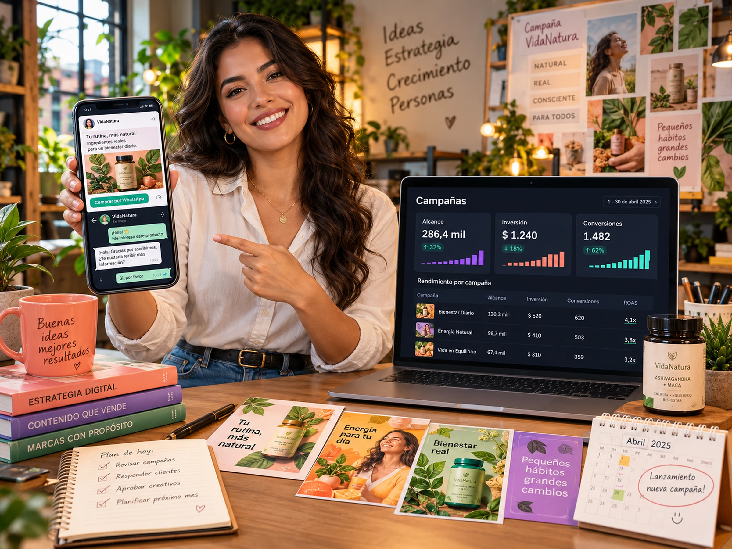 Mockup realista de publicidad digital con panel de campañas, anuncios y resultados